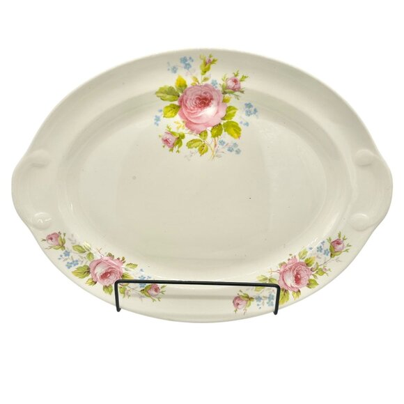 Vintage Taylor Smith Taylor Oval Serving Dish 13.5 Inch Cream Pink Roses Floral - Picture 1 of 6